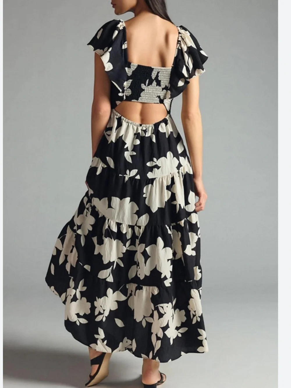 Anthropologie Black and Cream Floral Maxi Dress